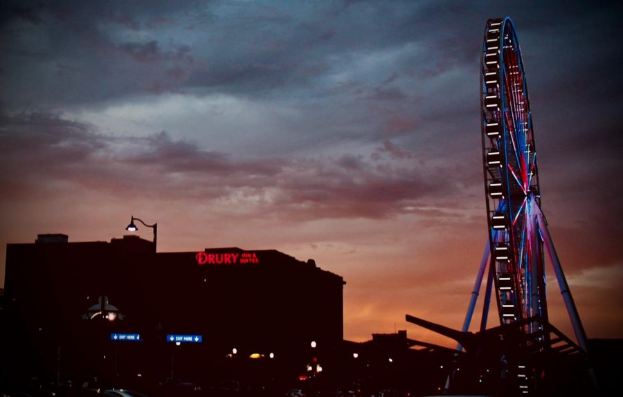 The St. Louis Wheel at sunset. 