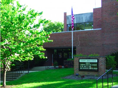 The exterior of the old Wydown Middle School building