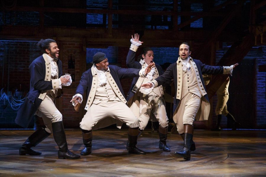 Daveed Diggs, Okieriete Onaodowan, Anthony Ramos and Lin-Manuel Miranda as revolutionaries in Hamilton.