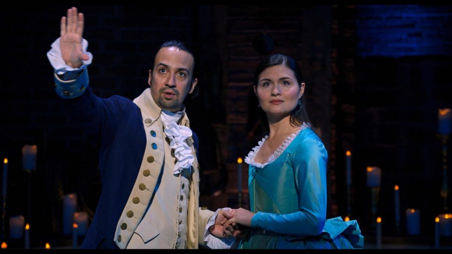 Lin Manuel Miranda as Alexander Hamilton and Phillipa Soo as Eliza Hamilton in the Disney+ film of Hamilton.