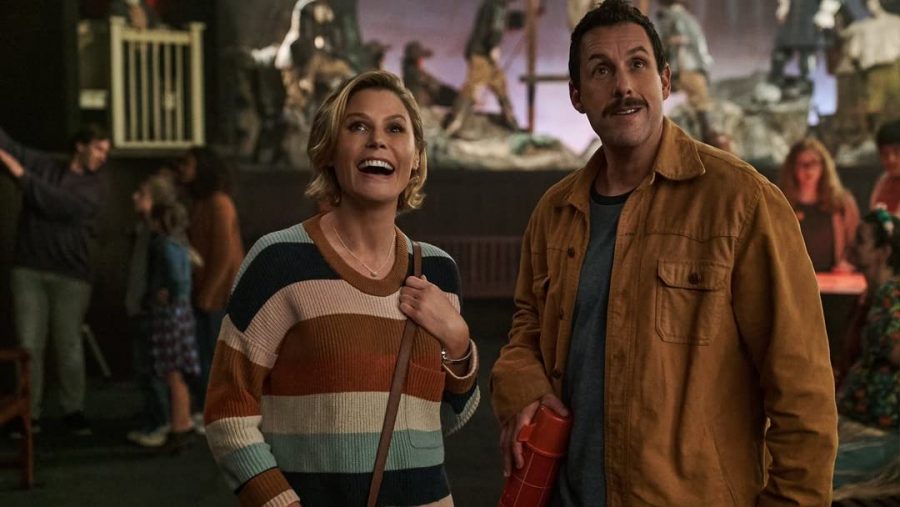 Adam Sandler and Julie Bowen as Hubie and Violet in Hubie Halloween (Photo from IMDb)