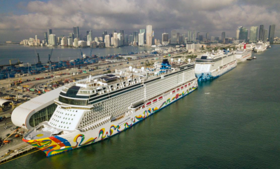 The Norwegian Encore Cruise Ship is docked at the Port of Miami on March 26, 2020.