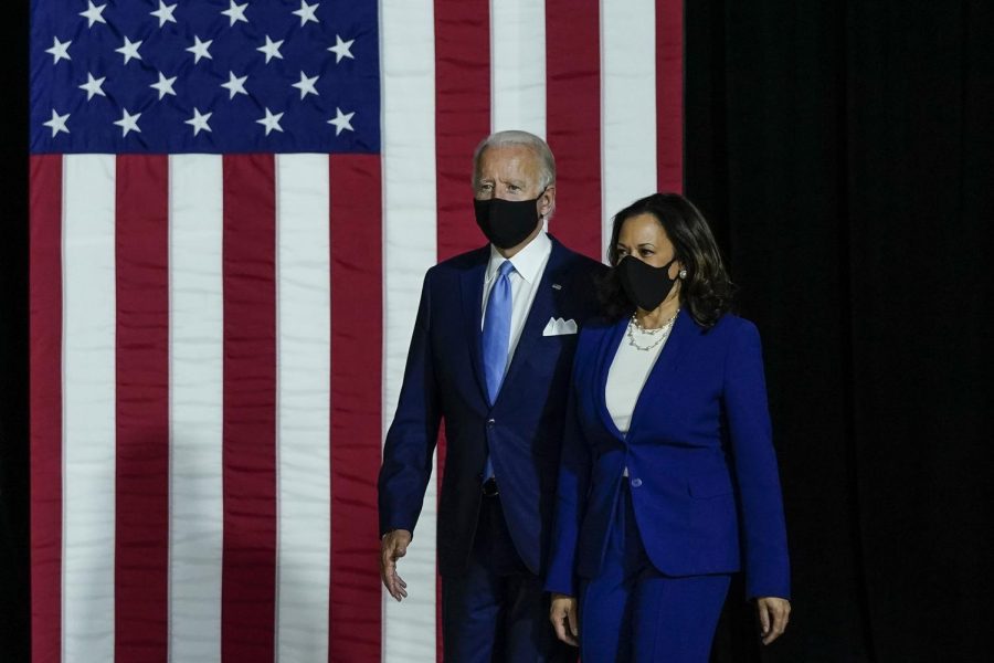 Presidential candidate Joe Biden and running mate Kamala Harris at Alexis Dupont High School in Delaware.