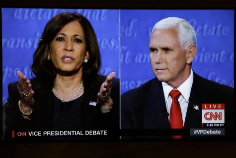 Kamala Harris, left, and Vice President Mike Pence, right, participate in the vice presidential debate held at Kingsbury Hall at the University of Utah in Salt Lake City, moderated by Susan Page from USA Today. 