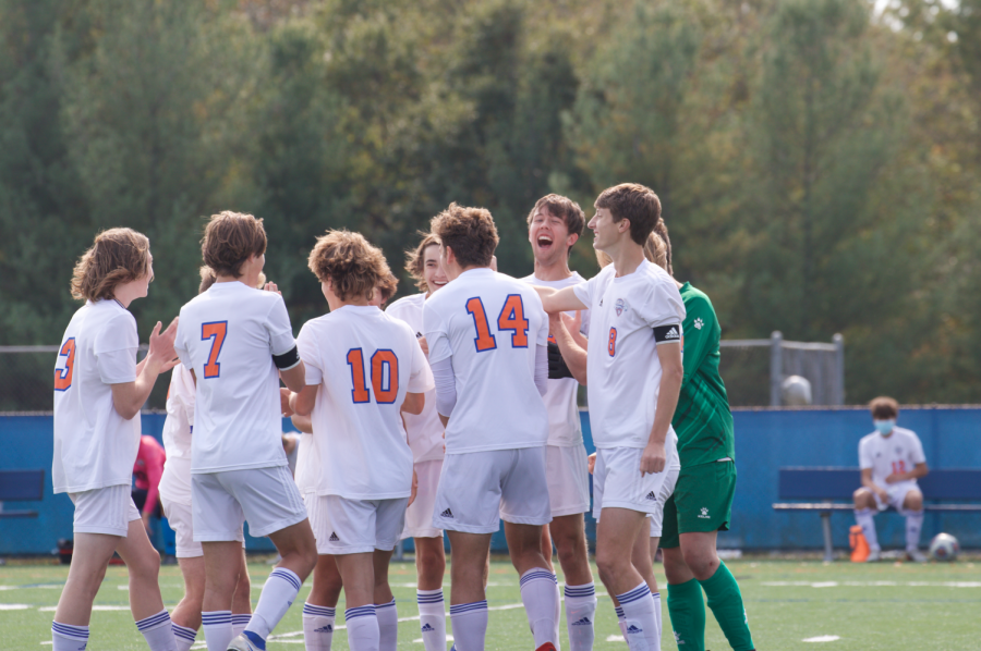 Members of the CHS boys soccer team huddle before playing Ladue on October 17 