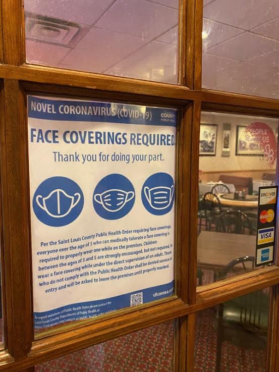 A face covering sign outside a building. Because of the COVD-19 pandemic, face coverings are required at many places.