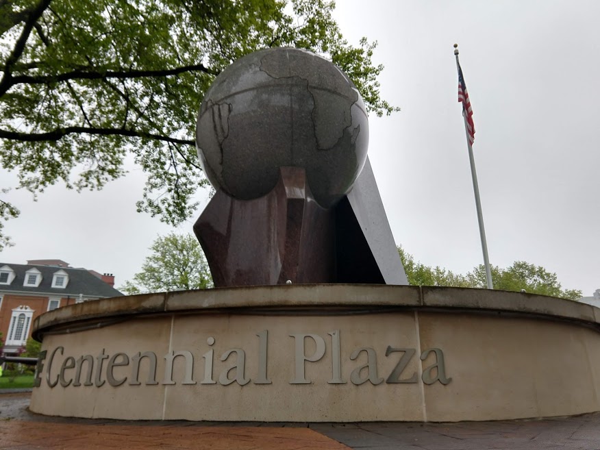 Structure of a Globe outside Clayton High School. Students began returning to Clayton High School on November 9