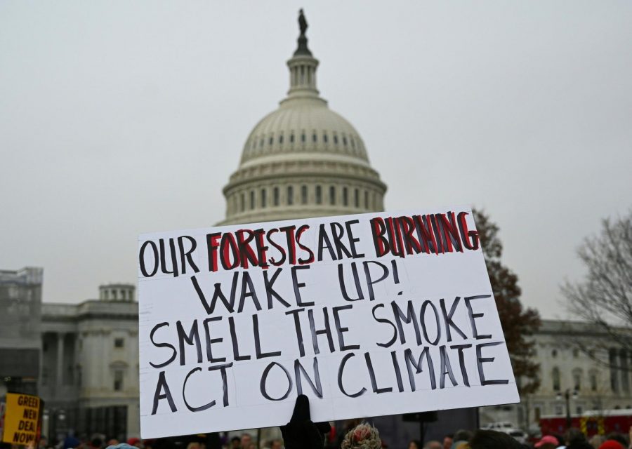 A person hoists a poster in front of the U.S. Capitol during a climate protest in Washington, D.C., on December 27, 2019.