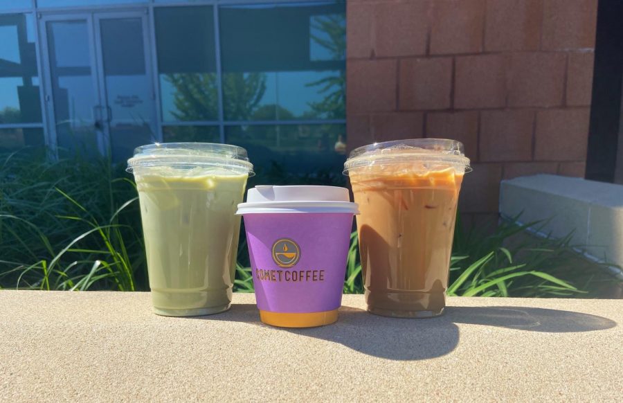 Matcha latte, flat white, and iced caramel latte (left to right)