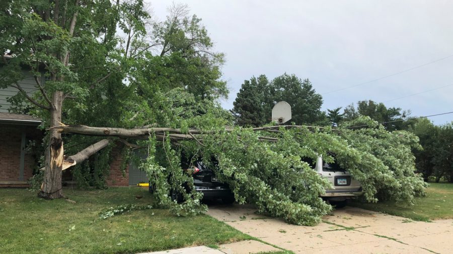 A tree fell across vehicles at a home in West Des Moines, Iowa, after a severe thunderstorm moved across Iowa on Monday Aug. 10, 2020, downing trees, power lines and damaging buildings. 