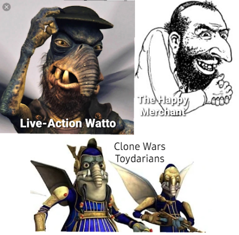 Watto as he appears in Attack of the Clones, next to an image of The Happy Merchant that he resembles. Below this is an image of animated toydarians from the clone wars cartoon.