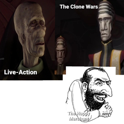 Two images of the Muun, a live-action version with no nose, and an animated version with an extremely prominent nose. The animated version is compared to an image of The Happy Merchant, a caricature with a large nose.