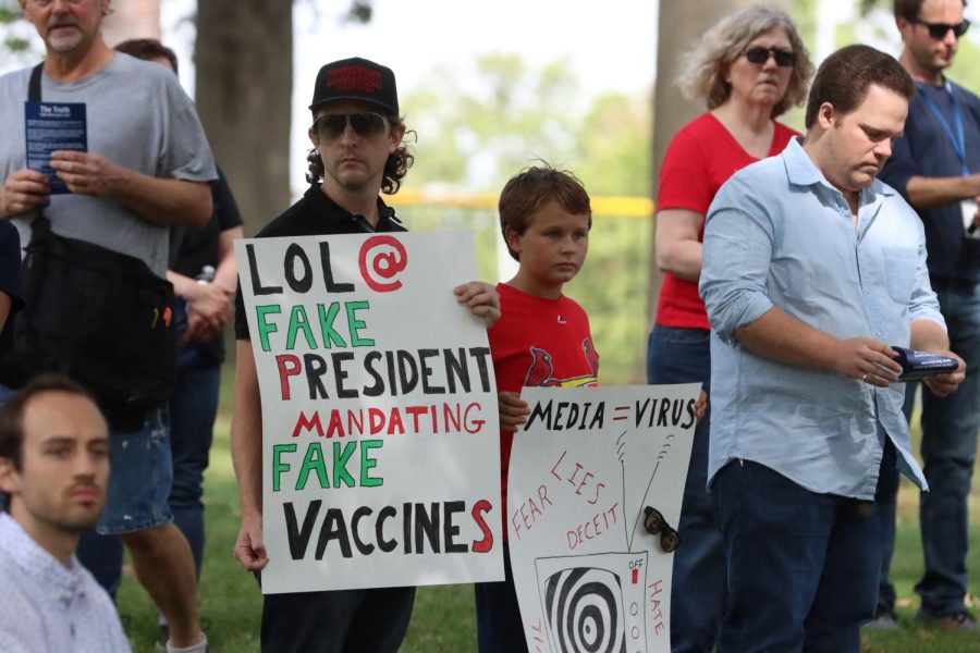Participants at a Shaw Park anti-vaccine and anti-mask rally brought signs decrying the Biden administrations effort to implement workplace requirements for vaccination or weekly testing for business with more than a hundred employees. Some brought signs criticizing the media for what the protestors viewed as spreading falsehoods about the COVID-19 vaccine.