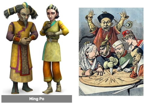 A side-by-side comparison of an official image of the Ming Po and a yellow-peril-era advertisement. The design of the characters in both media is similar.