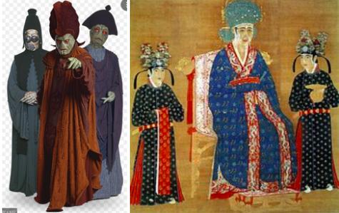 A side-by-side comparison of three Neimodians and a painting of an ancient Chinese emperor. Their dress is similar.