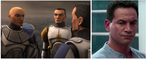 An image of several clones from The Clone Wars cartoon, next to an image of real-life Temuera Morrison as he appeared in Attack of the Clones. The men look almost nothing alike.