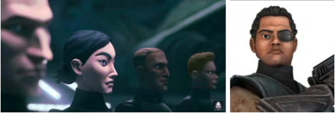 An image of Crosshair's death squad, composed of one white man, one East Asian woman, one Brown man, and one Black woman with properly rendered curly hair. The second image is of Captain Typho, a character with brown skin, curly black hair, and rounded, easily recognizable Polynesian features.