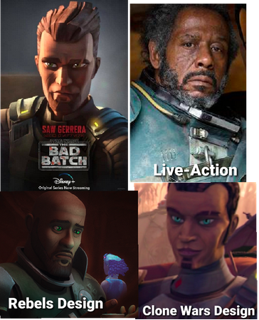 Four images of Saw Gerrera. One is live-action; the other three are not. One is from The Clone Wars, one is from Rebels, and one is from the Bad Batch. The Bad Batch's design bears the least resemblance to the live-action version.