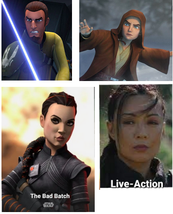 Two images of Kanan Jarrus/Caleb Dume, the Rebels version and The Bad Batch's version. The Bad Batch's version has dramatically pale skin, red hair, and a small nose such that it does not resemble Kanan's earlier design. There are also two images of Fennec Shand, one live-action version and one promotional image for The Bad Batch, which has changed the character's face.