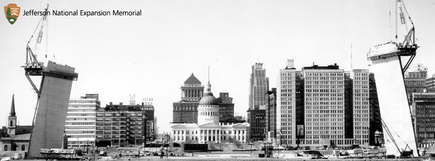 A still shot of the 1964 reconstruction of the Arch in progress. 