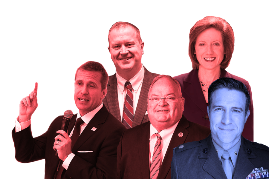 Five Republican politicians (from bottom left: Greitens, Schmitt, Long, Hartzler) bid to face off with Democratic frontrunner Kunce