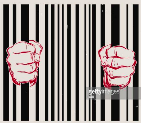 Two hands grip the bars of a barcode, giving the barcode a double meaning of imprisonment and capitalism,