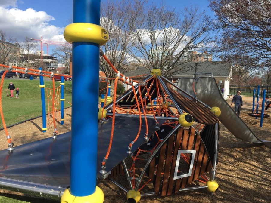 Ariel view of the playground hidden behind the baseball fields.