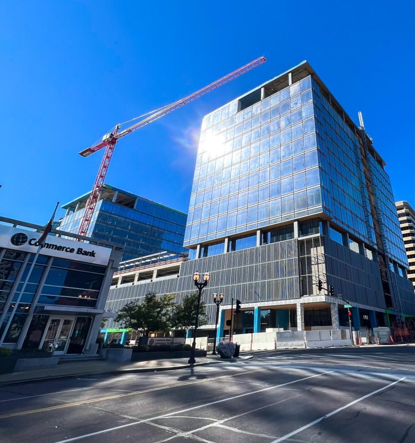 New building in final stages of construction at the intersection of Forsyth Boulevard and S Meramec Avenue