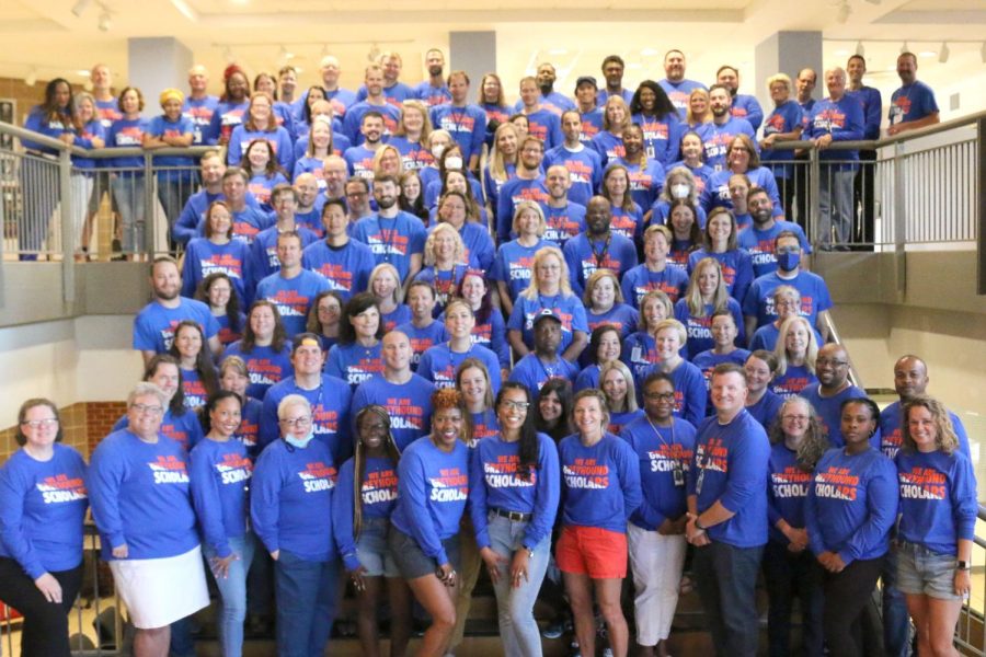 Clayton High School staff wearing 'We are Greyhound Scholars' shirts on the first day of school.
