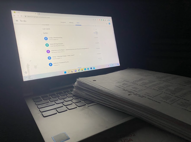 After one month of school, sophomore Analee Miller has already received over 116 handouts on paper and has turned in around 30 assignments online.