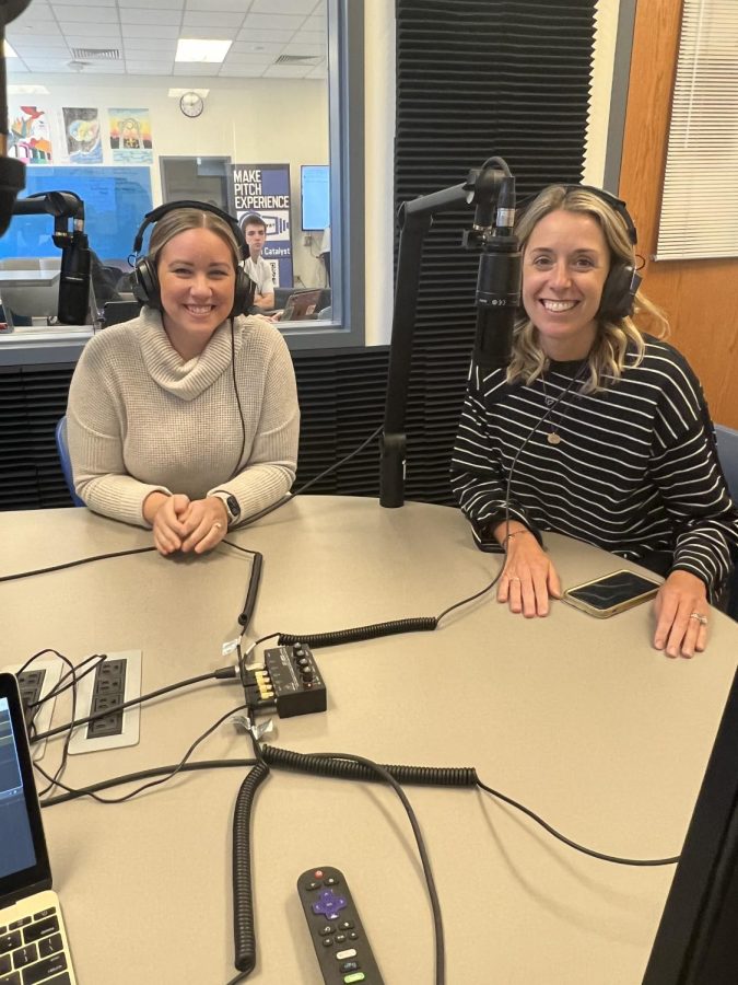 College counselors Jacelyn Cole (Left) and Katy Jane Johnson (Right) in the podcast studio at Clayton High School. Cole and Johnson help guide students through the college application and admission process.