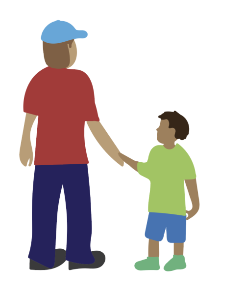 Teenage boy holding hands with toddler