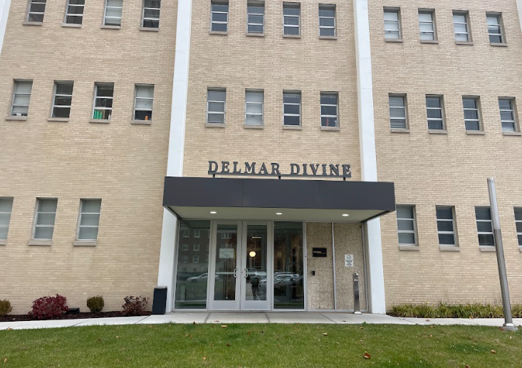 Delmar Divine located on Delmar Boulevard across from rows of old apartment buildings. 