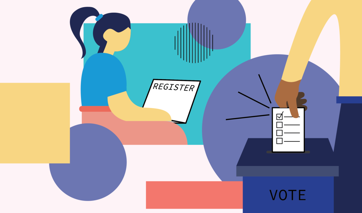 An illustration of registering to vote and casting a ballot, done in a simplistic digital style.