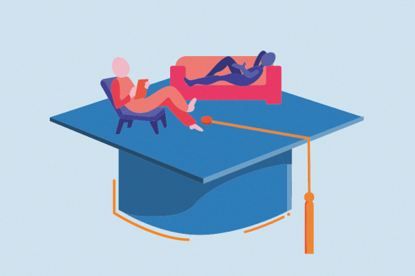 An illustration of a therapy session on a Clayton graduation cap.