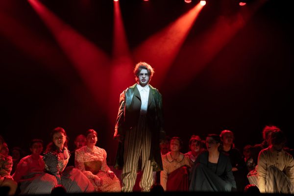 Sweeney Todd, played by Junior Derek Crisp, is revealed for the first time in the opening song, “The Ballad of Sweeney Todd.” 