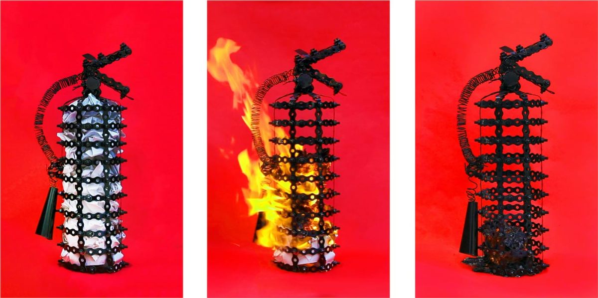 One of the two pieces chosen from Millner’s AP Art portfolio for the AP Art & Design Exhibit, titled “Uh… Is There a Different Extinguisher Anywhere?” Instead of the multimedia fire extinguisher sculpture, the main focus of the photographs is the fire. 
