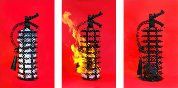 One of the two pieces chosen from Millner’s AP Art portfolio for the AP Art & Design Exhibit, titled “Uh… Is There a Different Extinguisher Anywhere?” Instead of the multimedia fire extinguisher sculpture, the main focus of the photographs is the fire. 
