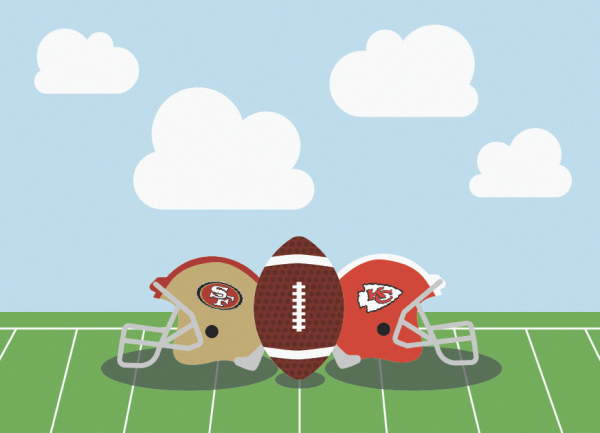 An illustration of two football helmets and a football.