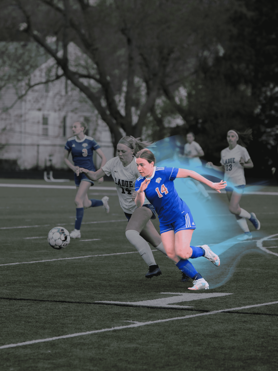 Lucy Melander fights along slide a Ladue opponent for possession.