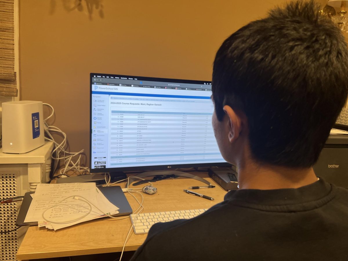 In mid-January, students select their classes for the upcoming year. Raghav Mani (10) reviews his course selection, which includes 4 AP classes.
