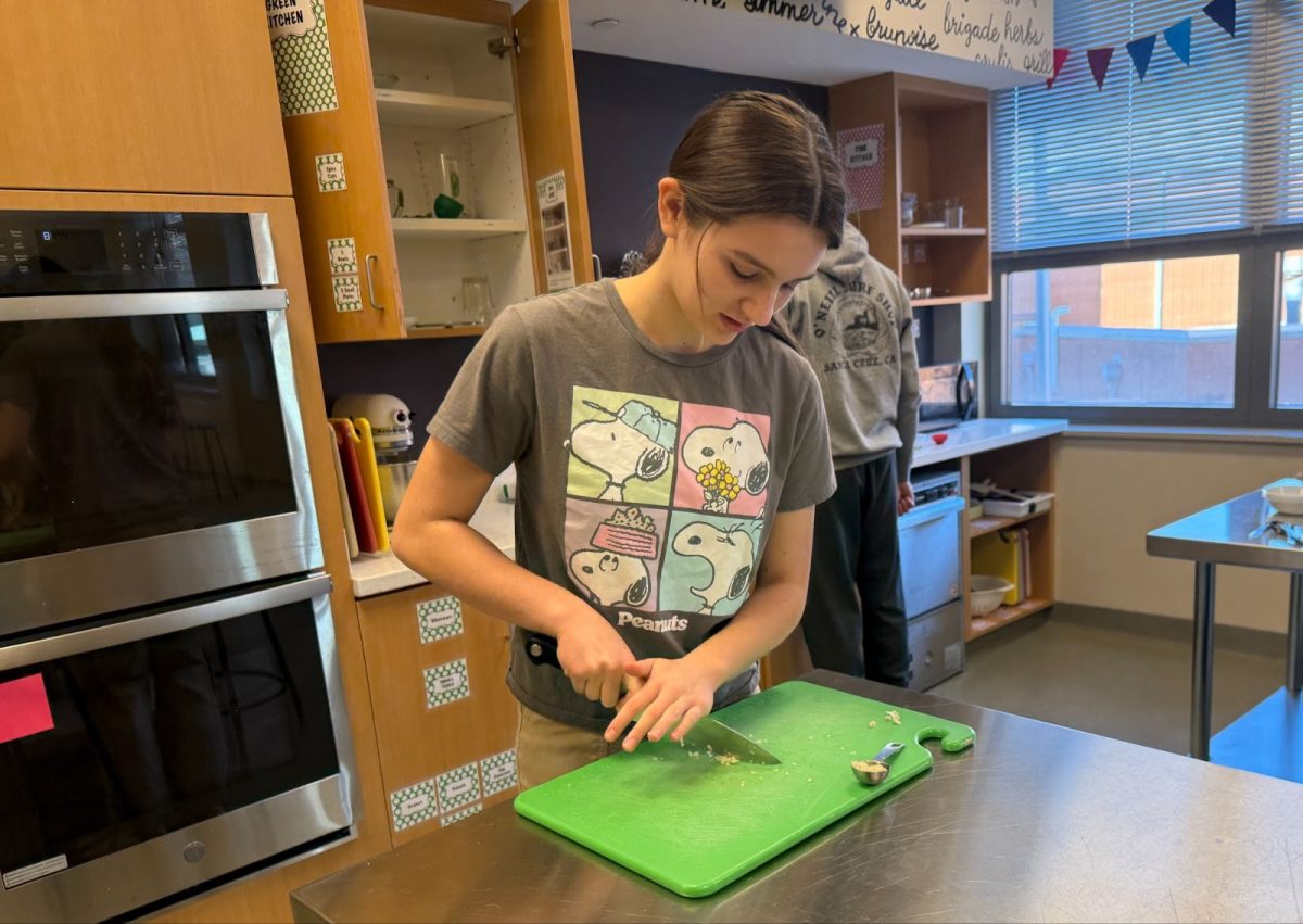 8:27 a.m.
Sophomore Lucy Finn chops garlic in culinary arts class, working with a group to cook stir fry. Students in culinary arts spend about one class a week cooking dishes. “I really like to be hands on and to do stuff in the kitchen,” Finn said. “My favorite dish we made this year was crepes. The cooking process required a new skill, pouring batter in the pan, pushing it around, and flipping it.”