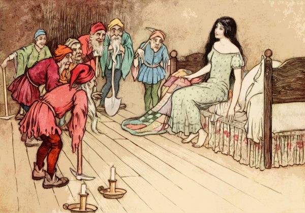 Snow White meets the seven dwarfs. Vintage public domain illustration by Warwick Goble.