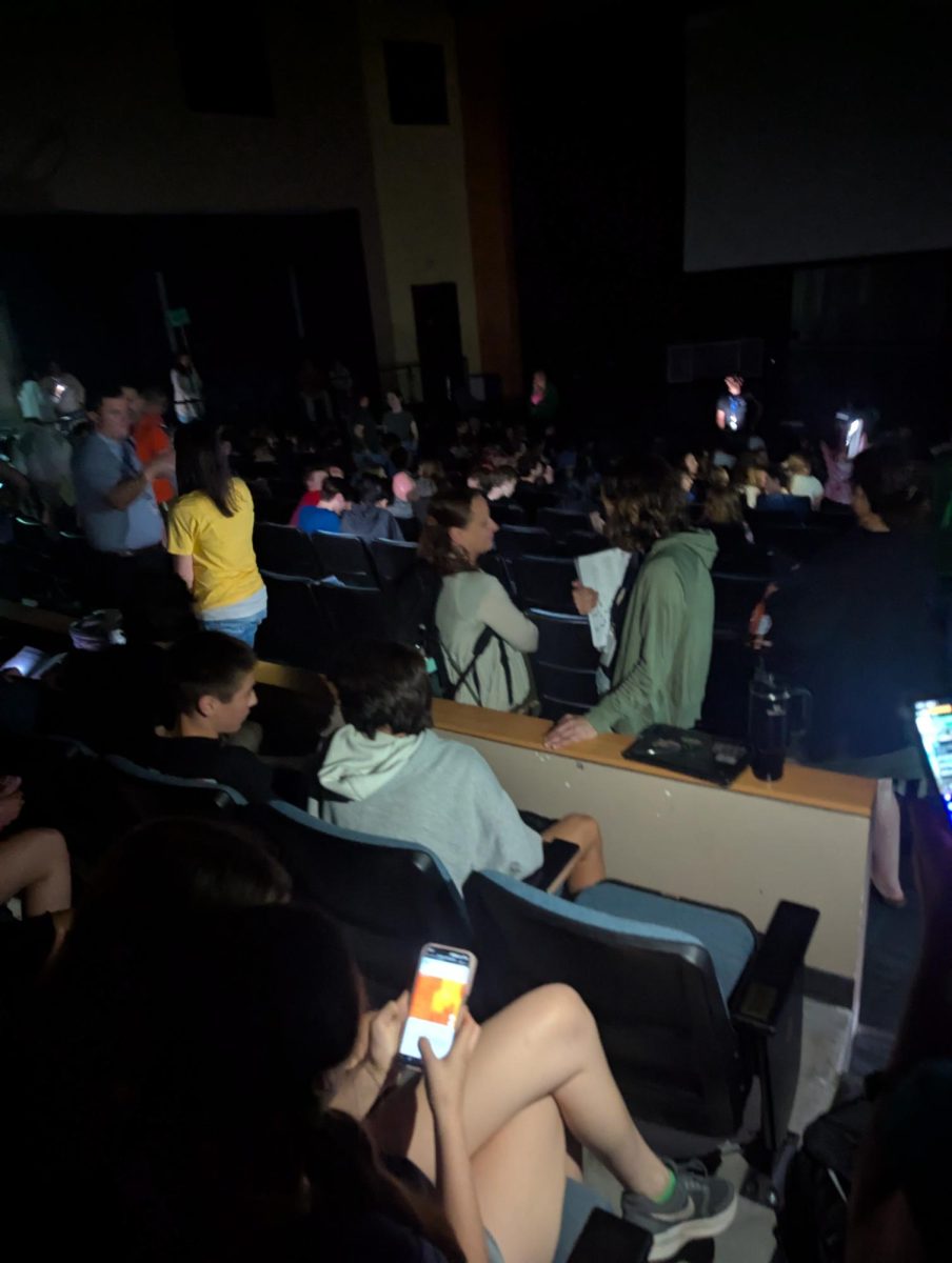 Family and Consumer Science teacher Meghan Baggett with students in the theater while tornado was going on.