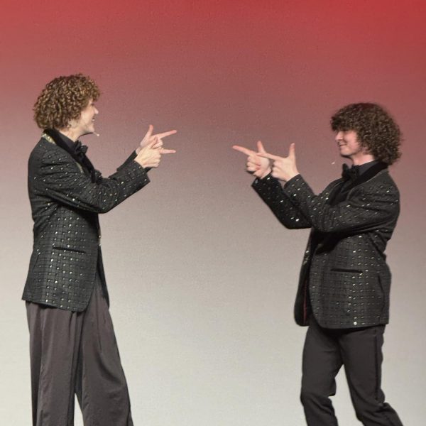 Sophomore Audrey Schulz and junior Christopher Lowry terminate their tap duet of “You Can’t Have Me (If You Don’t Have Him)” from the musical, “Some Like It Hot.” Schulz and Lowry have become close friends after working together in theater for five years. “Originally, we were looking for some songs that represented friendship, fun and whimsy,” Lowry said. “We both had just done a tap number together in GCPA’s production of “The Prom,” so we wanted to make sure we could do something like that together.”
