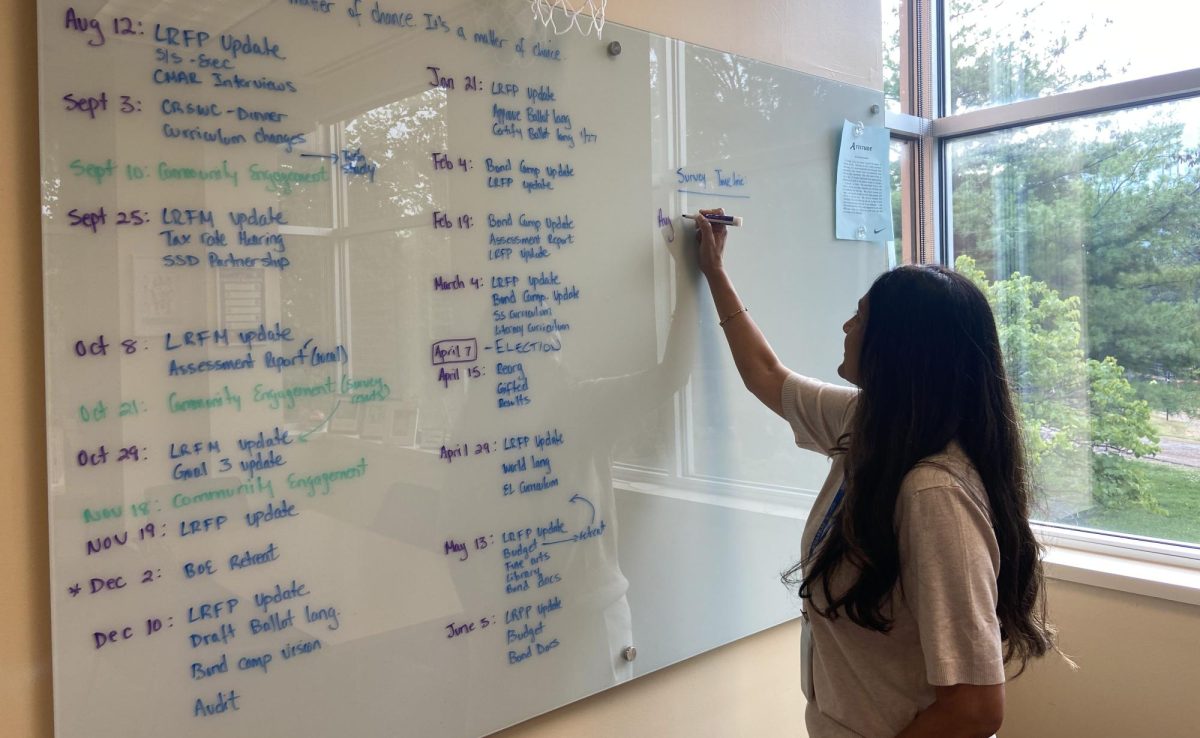 Superintendent Nisha Patel works backwards from key milestones, mapping out the Long Range Facilities Master Plan Survey timeline on her office whiteboard to ensure a thorough and timely community feedback process.