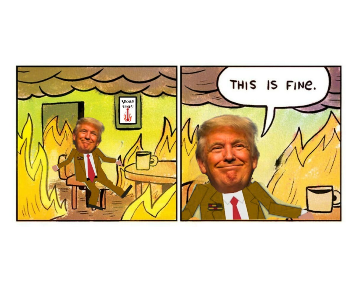 A political cartoon depicting the American government’s reaction to the climate crisis.