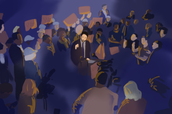 An illustration depicting Zohran Mamdani addressing a crowd of supporters.