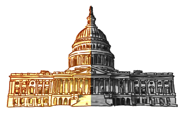 A photo illustration of the U.S. capitol building with half of it representing America's golden future and half representing its darker times.