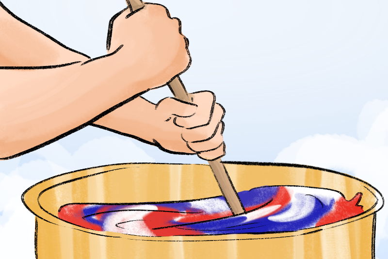 A person mixing a red, white and blue pot that's meant to represent America's melting pot.